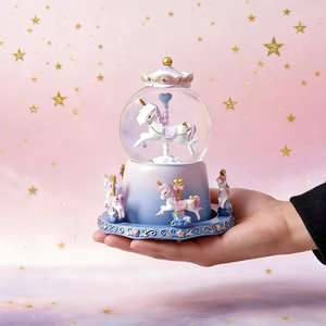 Schattige hars carrousel draaiende sneeuwbol muziekdoos met LED-licht kristallen bol bureaudecoratie verjaardagscadeau voor meisjes - Product Image 5