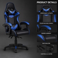 Chaise de bureau pivotante moderne en similicuir PVC noir et bleu, style gaming, dossier haut, hauteur réglable pour la maison, le bureau, l'école, la salle d'étude