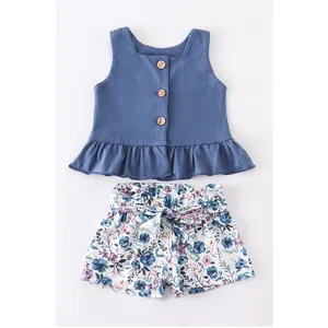 Оптовая продажа, детская одежда с оборками для 0-3 месяцев, синий, бежевый цветочный комплект с шортами, модная одежда для маленьких девочек