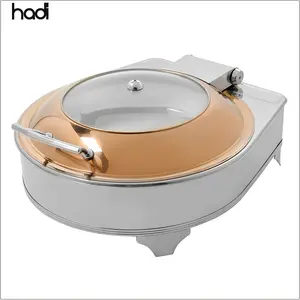 Guangzhou HADI hydraulic copper induction cooker chafing dishes square commercial rose gold chafer dishes with ceramic plate