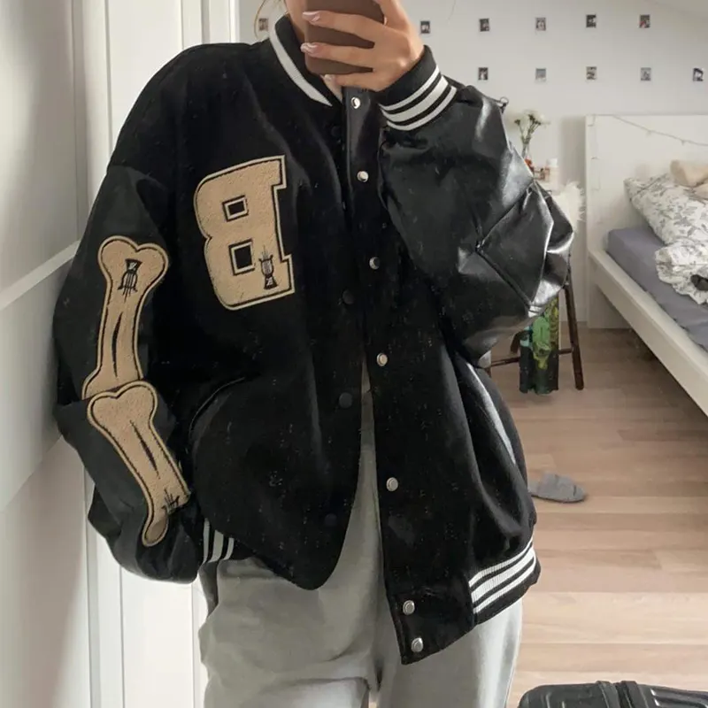 Hip Hop Bone Letter Patchwork giacche in pelle Streetwear donna Unisex College cappotti y2k Varsity Baseball Bomber Jacket donna