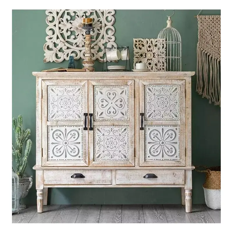 INNOVA living room cabinet 3 doors 2 drawers Multi-functional Pastoral Vintage Distressed Paint Storage Decorative Sideboard