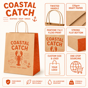 Bolsa de Papel Kraft Marrón con Logotipo Personalizado, Embalaje Ecológico para Llevar, Bolsas de Regalo para Restaurantes de Mariscos, Entrega de Comida Rápida - Product Image 5