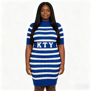 Abito in maglia <span class=keywords><strong>a</strong></span> <span class=keywords><strong>righe</strong></span> <span class=keywords><strong>blu</strong></span> <span class=keywords><strong>e</strong></span> bianche da donna taglie forti, con collo <span class=keywords><strong>a</strong></span> lupetto <span class=keywords><strong>e</strong></span> mezza manica, modello KTY in ciniglia con lettere, <span class=keywords><strong>vestito</strong></span> aderente in maglia - Product Image 1