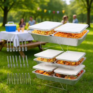Juego de catering desechable de 42 piezas con tapas para sartenes, pinzas, tenedores y cucharas para fiestas, eventos al aire libre, kit de servicio con papel de aluminio plateado - Product Image 2