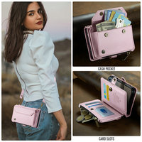 Étui portefeuille à bandoulière CaseMe pour iPhone Duo avec blocage RFID, poche pour cartes et argent liquide, fermeture éclair, étui violet pour iPhone Duo