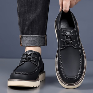 Chaussures décontractées en cuir pour hommes, noires, à talon bas, antidérapantes, à semelle épaisse, pour le travail en extérieur, tendance mode, grandes tailles 46 47 - Product Image 3