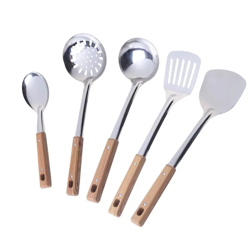 Cheap Price Wooden Grain Handle Stainless Steel 201 5pcs Cooking Utensils Kitchen Set