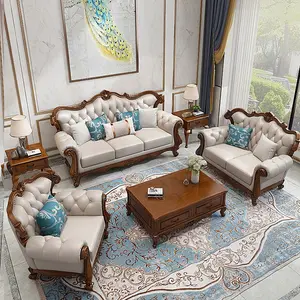 Vintage American Style Genuine Leather Traditional Sofa Set White Wood Antique Hand Carved Royal Sofas Living Room Furniture