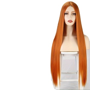 Peluca de encaje de cabello liso largo estilo europeo-americano para mujer, con fibra resistente al calor, volumen aumentado, raya al medio y gorra frontal de encaje. - Product Image 2