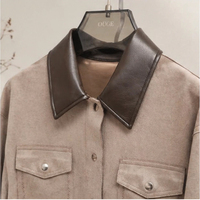 Veste Courte Femme Tendance à Revers Contrastant, 100% Polyester, Boutonnée, avec Poches Plaquées, Vêtement d'Extérieur Quotidien