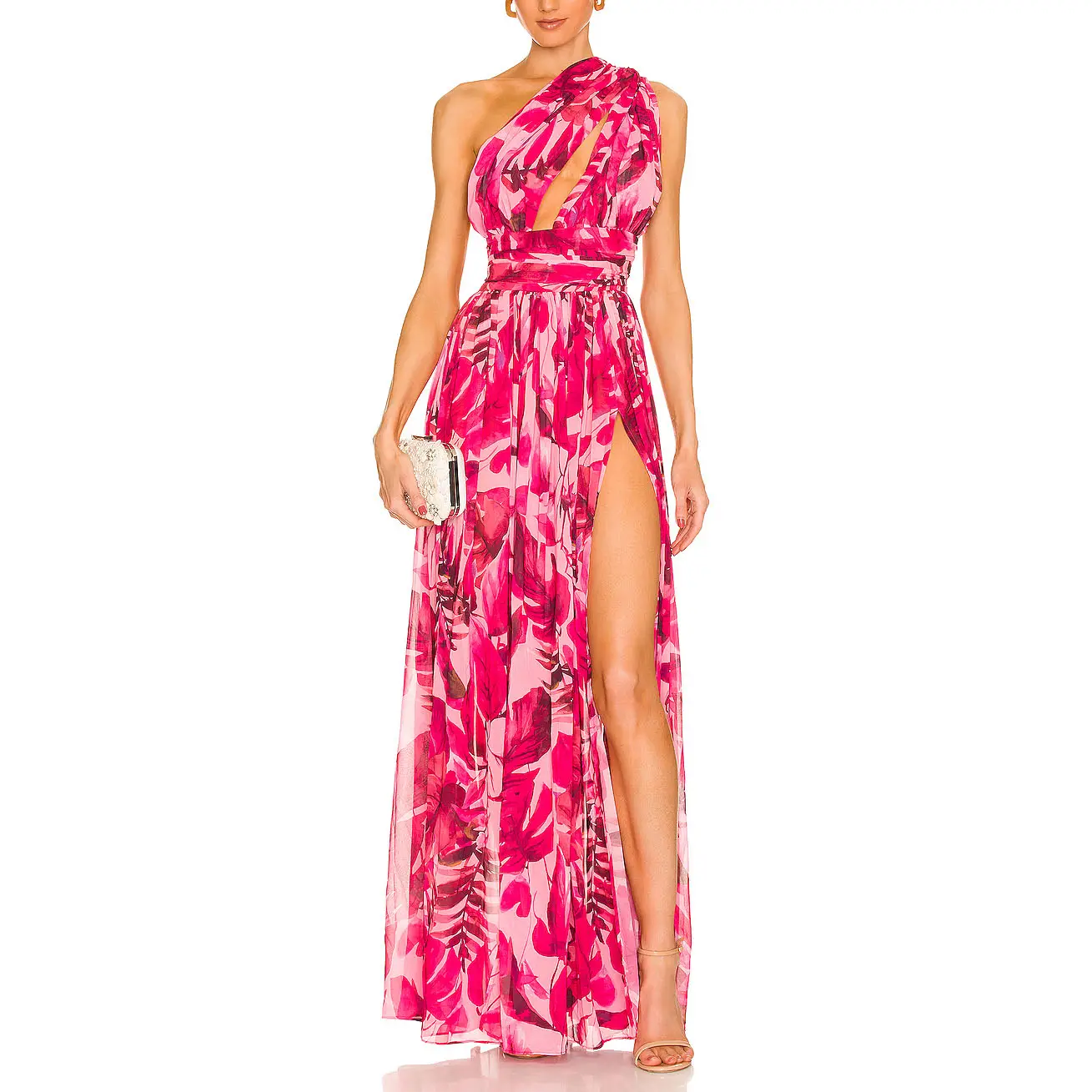 Summer Beach One Shoulder Off Chiffon Floral Print Sleeveless Women Maxi Dress 2022 Fashionable Slit Maxi Cut Off Pink Dress