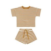 Nouvel ensemble de vêtements d'été pour bébé garçon : T-shirt gaufré à manches courtes en coton et pantalon rayé pour nourrisson