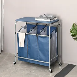Moda tasarımı 3 torba çamaşır sıralayıcısı sepet ile kilit tekerlekleri, kirli giysi saklama çamaşır sepeti sepeti ütü masası