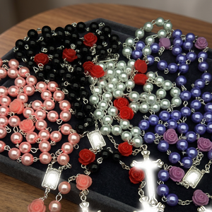 Pearl Rose Rosary Necklace 8mm Imitation Glass Pearl Beads <b>Cross</b> Pendant Unisex Fashion Sweater <b>Chain</b> Jewelry Gift - Product Image 3