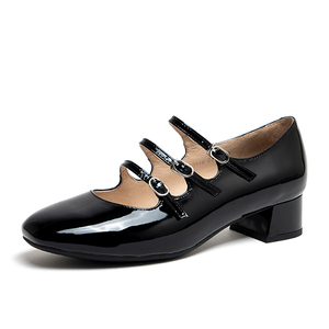 Escarpins Mary Jane rétro en cuir verni à bout fermé et talon bloc moyen avec trois boucles pour femme - Product Image 2