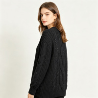 Pull en tricot torsadé épais à col rond pour femme, automne-hiver, noir, décoré de paillettes subtiles, manches longues, pull chaud en tricot