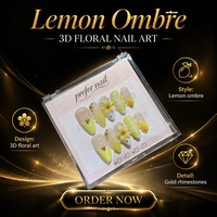 Ensemble de faux ongles en amande faits à la main B633, motifs floraux, citron et pois dorés, pour doigts
