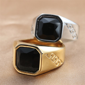 Bague géométrique pour homme en pierre noire, or jaune, acier inoxydable, style rétro punk, bijou cadeau 24061 - Product Image 1