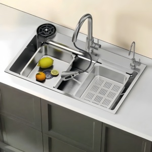 Fregadero de cocina de acero inoxidable SUS304 de color original, de gran tamaño, con diseño de grano de arroz engrosado y grabado, de un solo seno, para montaje bajo encimera. - Product Image 1