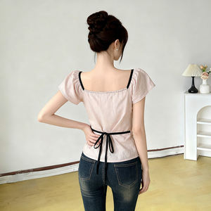 Camiseta de manga corta con lazo y mangas abullonadas estilo vintage, camiseta ajustada de color en contraste para ropa informal de verano para mujer - Product Image 6