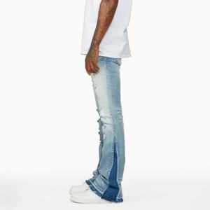 Jeans évasés pour hommes, déchirés, bleu délavé, avec logo personnalisé sur le côté et ourlet vieilli, vente en gros - Product Image 5