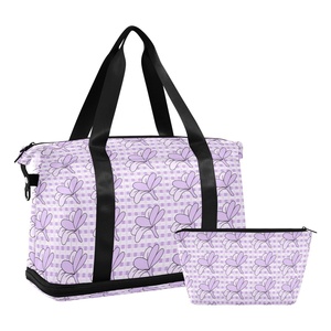 Sac de voyage pliable pour femme en nylon imprimé personnalisé avec motif de fleurs de palaka violettes d'Hawaï, 2 pièces, avec compartiment pour chaussures - Product Image 1