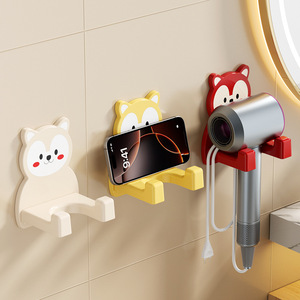Cartoon Bear Hair Dryer Rack Wall Mounted Punch Free Storage Holder Bathroom Organizer Ivory White - Product Image 1