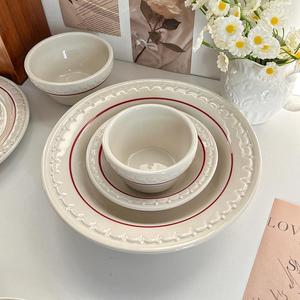 Nouvelle vaisselle de relocalisation de maison: assiette à steak de style occidental en relief de cercle de ligne rouge, bols en céramique ménagers de haute qualité et - Product Image 4