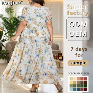Vestido Floral de <span class=keywords><strong>Talla</strong></span> <span class=keywords><strong>Grande</strong></span> para Mujer 2026 - Elegante Vestido Midi con Cuello en V y Manga Corta, Cintura Ajustada para Vacaciones y Banquetes - Product Image 2