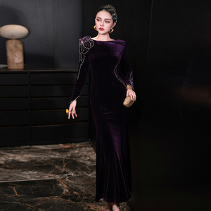 FMY Abito in <span class=keywords><strong>velluto</strong></span> rosso e viola con perline per donna, <span class=keywords><strong>maniche</strong></span> <span class=keywords><strong>lunghe</strong></span>, elegante autunno e inverno, abito da banchetto e da festa 66584 - Product Image 1