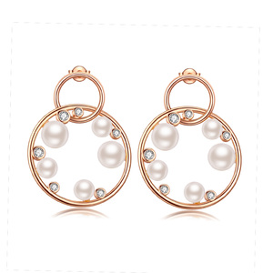 <b>Rose</b> <b>Gold</b> Plated Pearl <b>Stud</b> <b>Earrings</b> With Zircon Geometric Design For Women Party Jewelry - Product Image 1