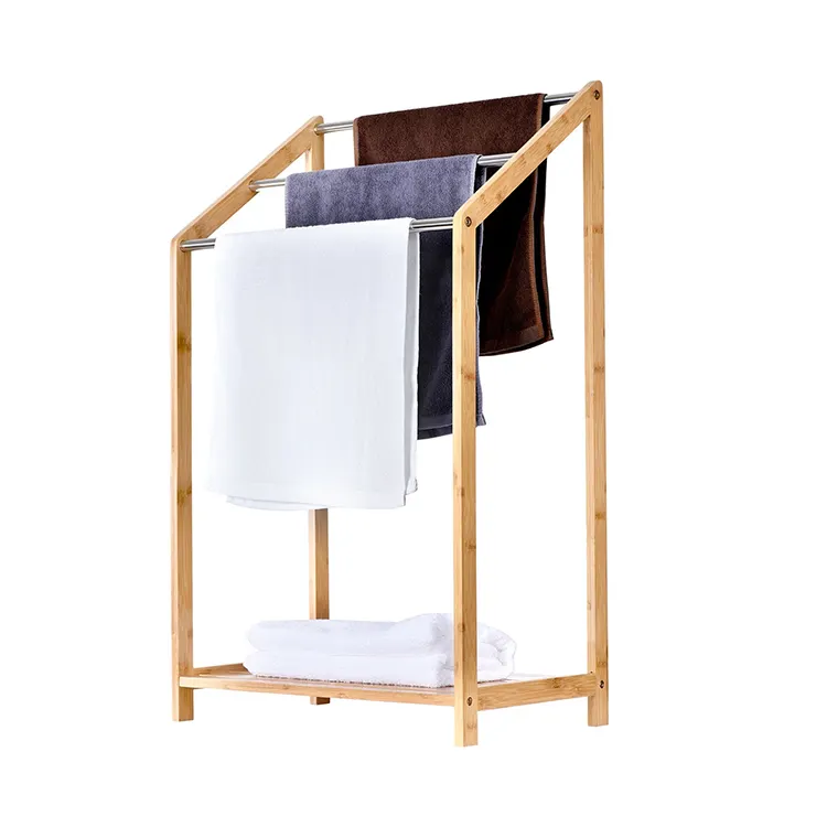 Modern banyo tuvalet otel tarzı ücretsiz ayakta paslanmaz çelik boru bambu havlu depolama raf rafı, havlu raf banyo