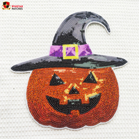Nouveauté 2026 – Écussons thermocollants personnalisés en chenille et sequins brodés, motif citrouille fantôme d'Halloween, grande taille, pour vêtements – Vente en gros