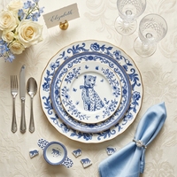 Service de vaisselle créatif en porcelaine bleue et blanche avec bordure dorée, vaisselle en céramique, imprimé floral léopard royal, vaisselle de mariage