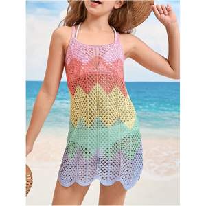 Traje de Baño Personalizado para Niña Pequeña, Vestido de Playa de Punto Calado Colorido, Halter sin Mangas, Corte en A, 1 Pieza - Product Image 1