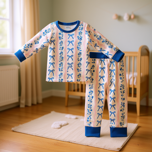 Ensemble de vêtements en soie pour petites filles, manches longues, pantalon, motif nœud, deux pièces, pyjama, tenue de jour, mode printemps, vente en gros - Product Image 2