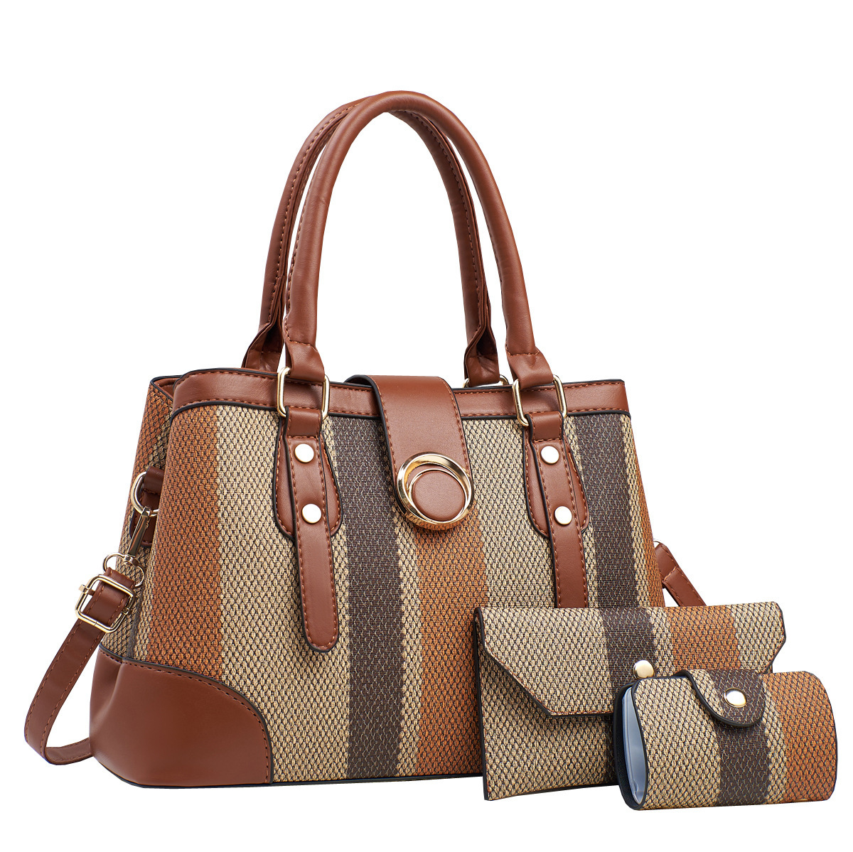 Brown Triangle Flap 3 IN 1 Fashion Modern Stylish Handbag Set Unique Everyday Bag, Genuine Leather Bag, Triangle Crossbody  main image 2