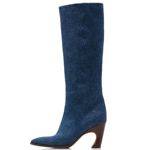 Bottines longues en cuir pour femmes, imprimé serpent, design fantaisie, denim foncé, grande taille 44, logo personnalisé, chaussures pour femmes - Product Image 2