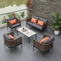 Ensemble de canapés en cuir tressé pour l'extérieur, canapé de patio et table basse en aluminium 4 pièces, mobilier de loisirs pour villa, jardin, hôtel, terrasse