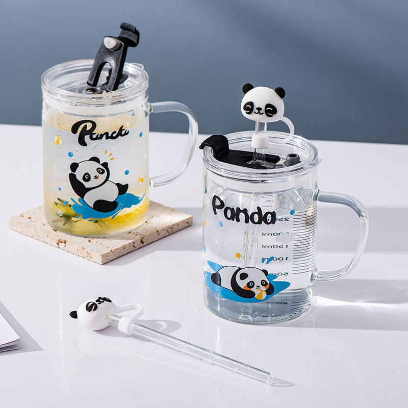 Cartoon OEM Printing Home Creative Panda Children Water Cup Milk Clear Glass Cups Mug With Handle Straw and Lid
