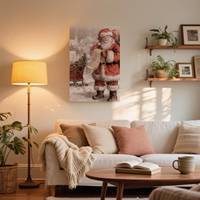 Tableau mural vintage Père Noël lisant sa liste, traîneau, village hivernal enneigé, toile encadrée, décoration de Noël pour la maison de style ferme
