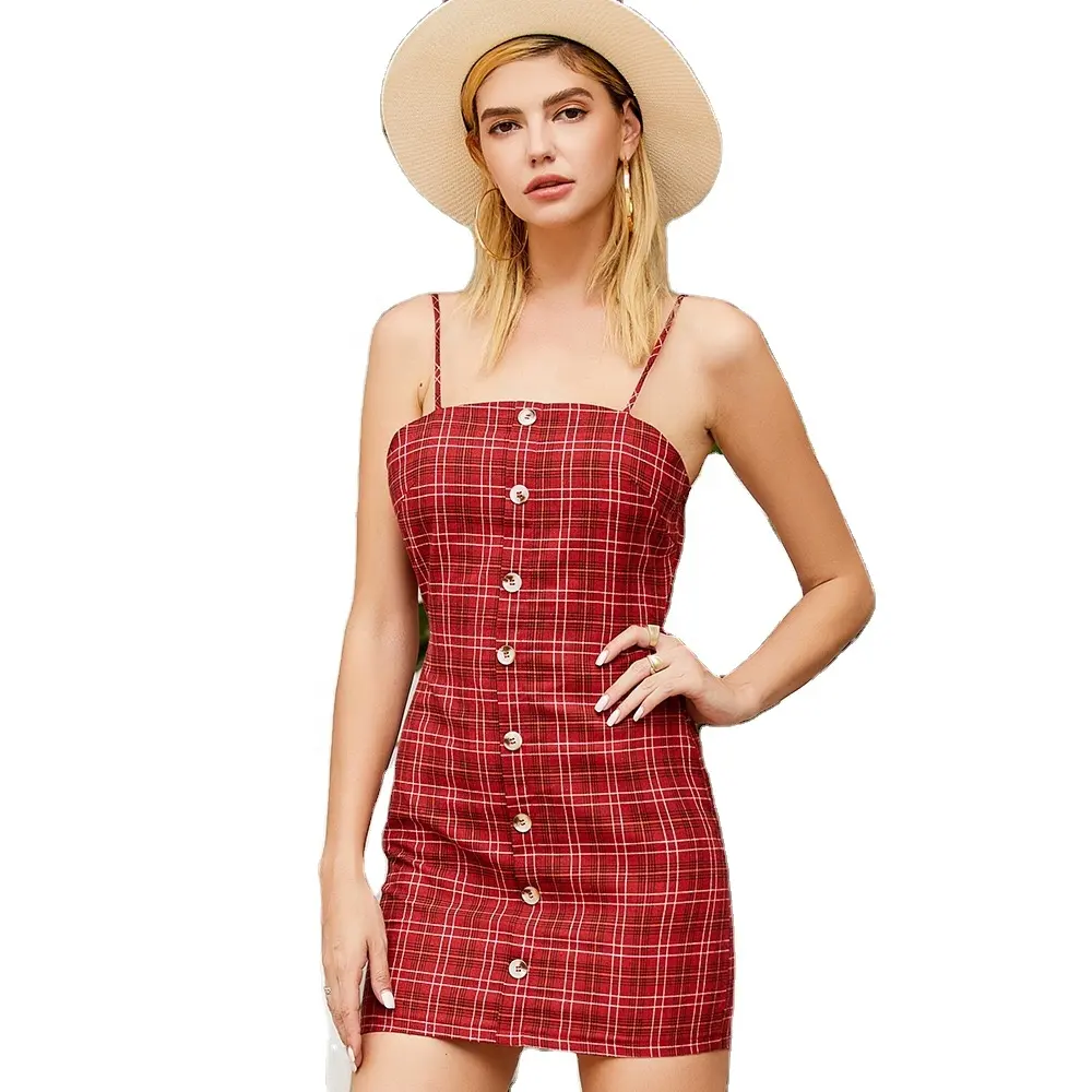 Vestido de verano rojo a cuadros con cuello halter, elegante