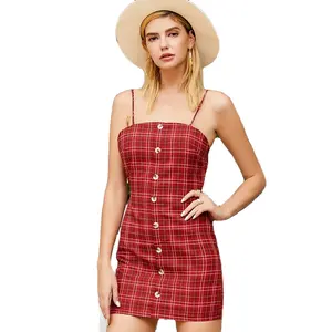 Hot Selling Plaid Kleid rot kariert elegante britische Sommer Neck holder Knopf Neck holder Schleife Kleid Frauen