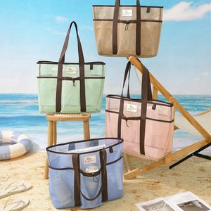 New Handheld Mesh <b>Beach</b> Tote <b>Bag</b> Stylish <b>Large</b> Capacity Zipper Closure Single Shoulder Swimsuit Goggles Storage <b>Bag</b> for Women - Product Image 2