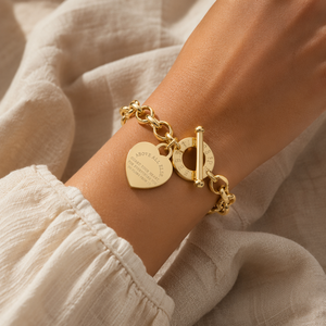 Bracelet en acier inoxydable à maillons épais avec breloque cœur, citation d'amour gravée, fermoir à bascule, or, argent, or rose, unisexe, inspirant - Product Image 1