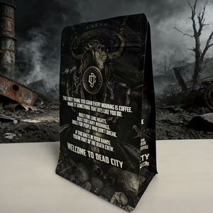 Bolsa negra de impresión digital personalizada con impresión completa y base plana para envasado de café en grano o en polvo - Product Image 1