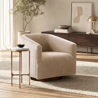 Fauteuil pivotant moderne en tissu ivoire, fauteuil de détente rembourré avec base ronde noire pour salon