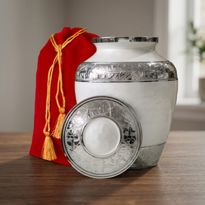 Urne funéraire en aluminium de haute qualité, moderne et traditionnelle, religieuse, émaillée, gravure de qualité supérieure, blanche, 10 pouces, urne funéraire commémorative - Product Image 1