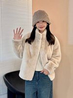 Veste élégante en fausse fourrure unie à col rond pour femme, hiver, douce, chaude, courte, 100% polyester, fausse fourrure de vison épaisse, haut de gamme